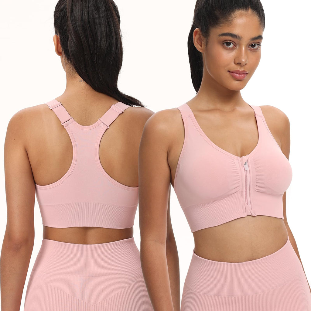 Zip Front Sports Bras for Women Adjustable Racerback Medium Support Bras Padded Post-Surgery Bras Seamless Yoga Athletic Bra