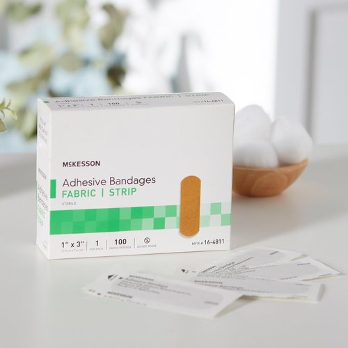 McKesson Adhesive Bandages, Sterile, Fabric Strip, 1 in x 3 in, 100 Count, 4 Packs, 400 Total
