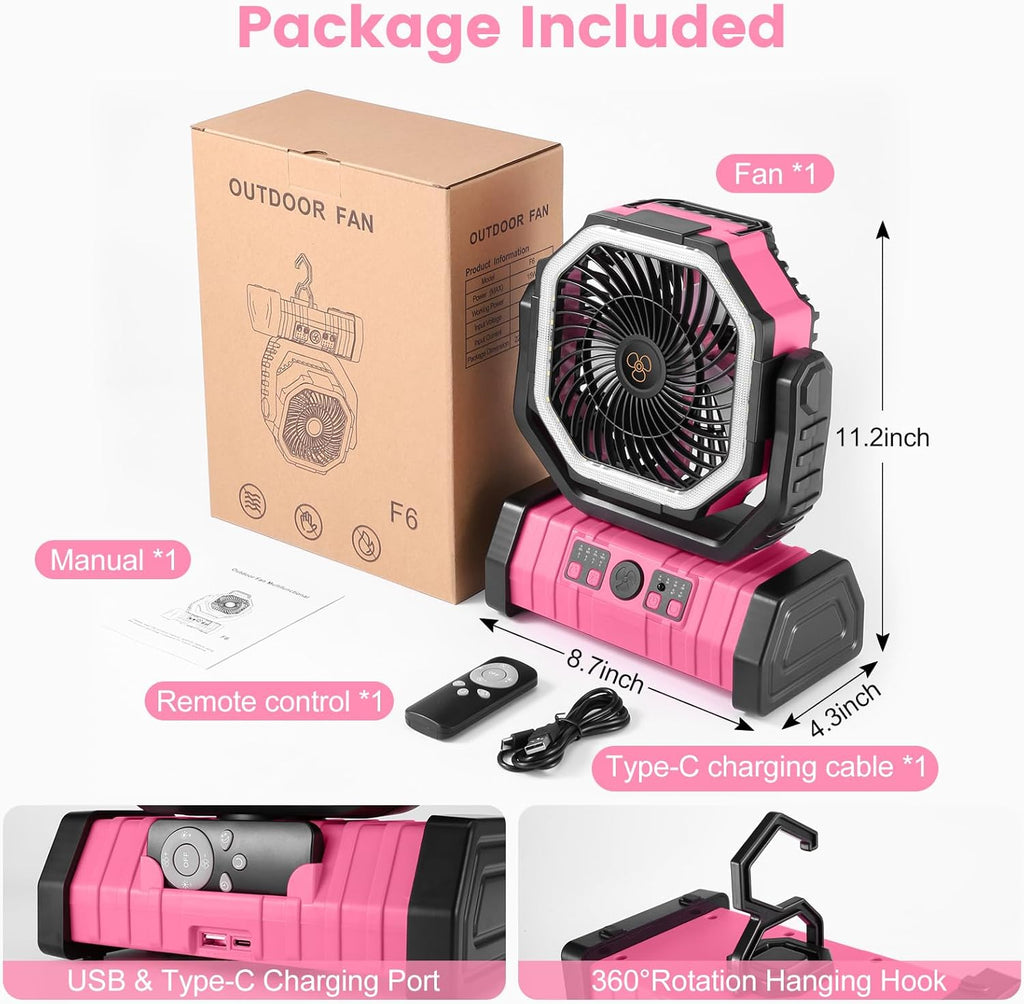 Odoland 30000mAh Camping Fan - Rechargeable LED Lantern & Oscillating Tent Fan | Portable with Remote, 4 Speeds, Pink