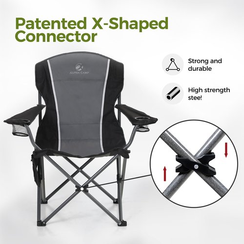 ALPHA CAMP Oversized Camping Folding Chair Heavy Duty Steel Frame Support 350 LBS Collapsible Padded Arm Chair with Cup Holder Quad Lumbar Back Chair Portable for Outdoor/Indoor (Black grey-2PC)