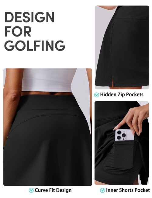 PINSPARK 16" Golf Skorts for Woman Tummy Control Tennis Skirt with Shorts Underneath Quick Dry Running Athletic Skort Summer,Black Large