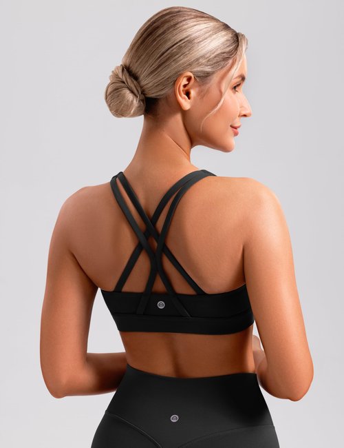 ENERBLOOM Sports Bras for Women Padded Criss Cross Back Yoga Top Medium Support Strappy Workout Tank Removable Cups Black Medium
