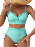 Herseas Women's Splice Ruffle Trim Bikini Sets Tie Side Wire Free Swim Suits 2026 Removable Pads High Waisted Stretchy Bathing Suits Green Stripes Vintage Holiday Teens Outfits Medium