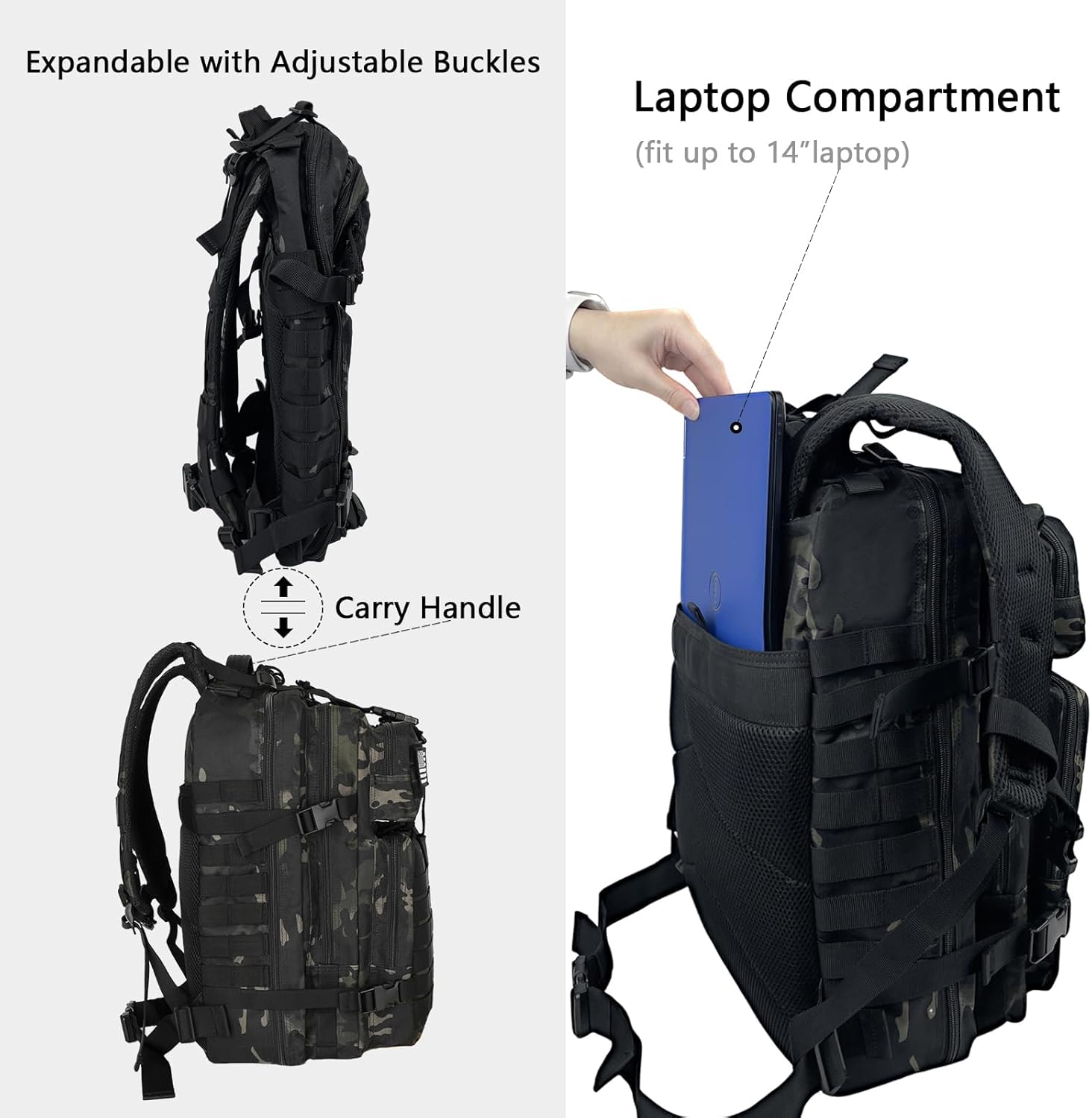 WOLT Military Tactical Backpack - 45L Molle Assault Pack | Heavy-Duty Rucksack for Hiking & Gym, Camouflage Black