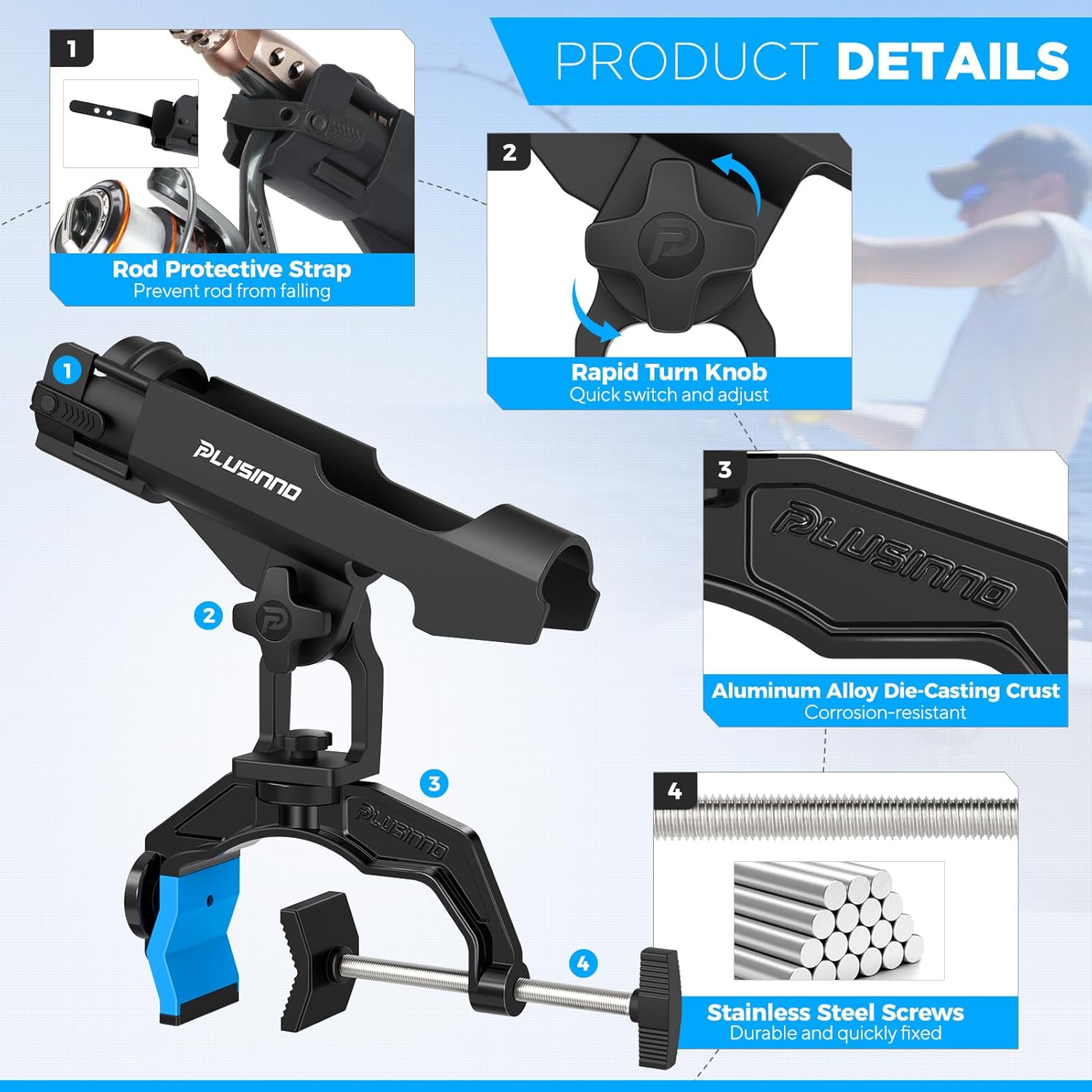 PLUSINNO Fishing Rod Holders - Innovative Dual-V Design with Enlarge Clamp | 1/2/4 Pack for Boats