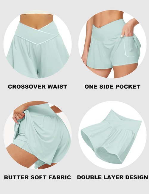 FireSwan Women's Crossover Athletic Shorts - 2-in-1 Flowy Running Shorts with Pockets & Spandex
