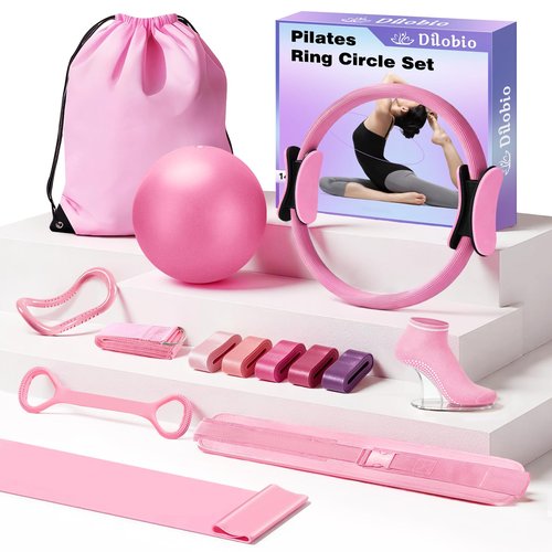 Dilobio Pilates Kit, Home Pilates Essentials Kit for Women, Pilates Equipment Ring and Ball Set, Magic Circle with 5 Resistance Bands, Hip Thrust Belt & Accessories, Toning Fitness Starter Set (Pink)