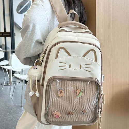 Kawaii Cat Ita Bag Backpack with Pin Badge Display Stylish Travel Bag for Women, Lightweight Design for Fashion Lovers (Brown)