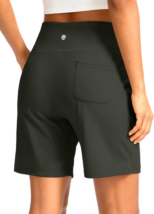G Gradual Women's Bermuda Long Shorts - High Waisted Knee Length with Pockets for Athletic Workouts | 9" Size