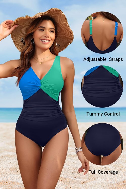 Holipick Blue Green Block Women Tummy Control One Piece Swimsuit - Push Up Bathing Suit Full Coverage Slimming Swimwear M