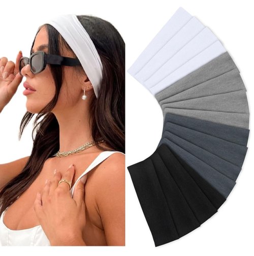 Huachi Headbands for Women - Non-Slip 16 Pack Elastic Sports Hair Bands | Soft Cotton for Yoga & Workouts - Black, White, Gray