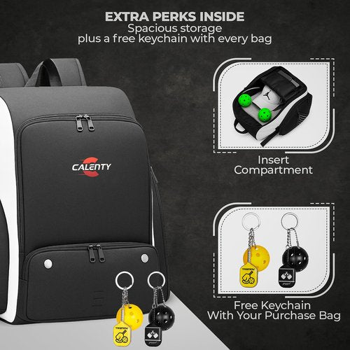 CALENTY Pickleball Bag Backpack – Large Pickleball Backpack Fits 2+ Paddles with Shoe Compartment, Fence Hook, Secure Ball Storage & 2 Keychains, Premium Pickleball Bag for Men and Women