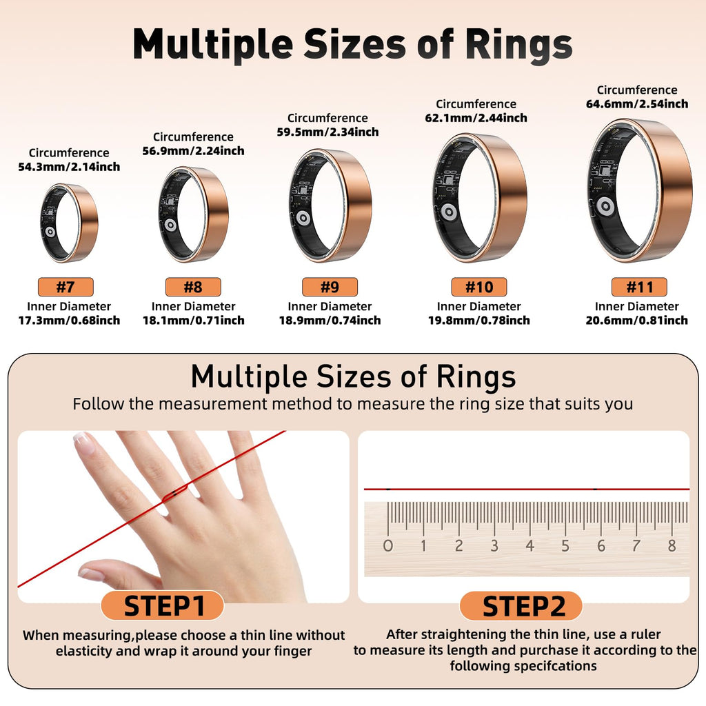 Smart Ring with Sleep Monitoring, Step Counting, Heart Rate, Blood Oxygen, Blood Pressure for iPhone and Android, No Subscription Fee, IP68 Waterproof Health Tracker (Silver, 7)