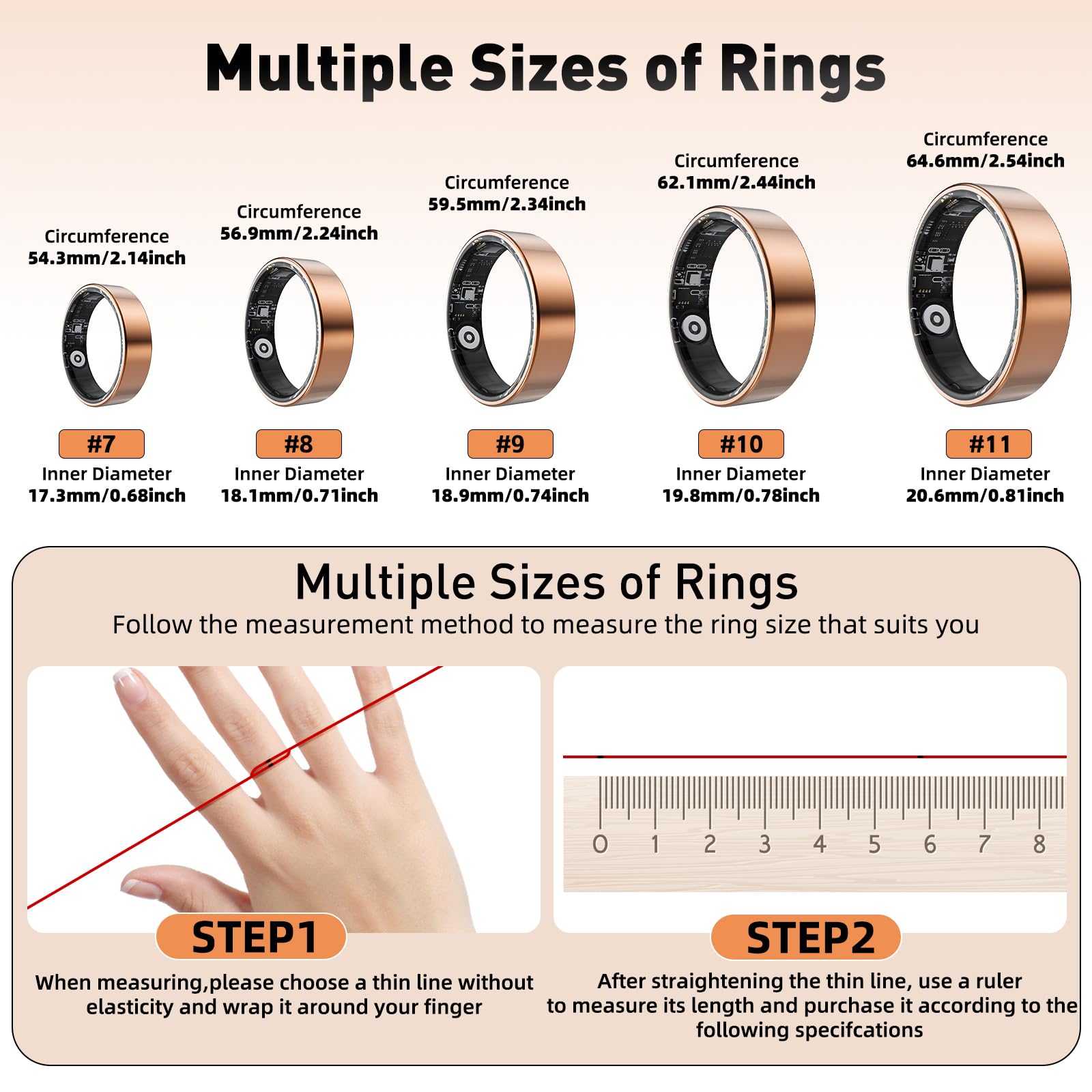 Smart Ring with Sleep Monitoring, Step Counting, Heart Rate, Blood Oxygen, Blood Pressure for iPhone and Android, No Subscription Fee, IP68 Waterproof Health Tracker (Silver, 7)