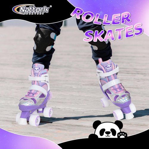 Nattork Kids Roller Skates for Girls Boys, 4 Size Adjustable Purple Panda Quad Skates with All Light up Wheels, Beginner Roller Skates - Birthday Gift for Outdoor Indoor