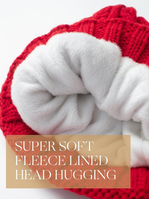 H.SeraMoose Winter Hats for Women Cable Knit Chunky Skull Cap Fleece Lined Thick Fold Cuff Beanie hat (Wheat Spike,Red)