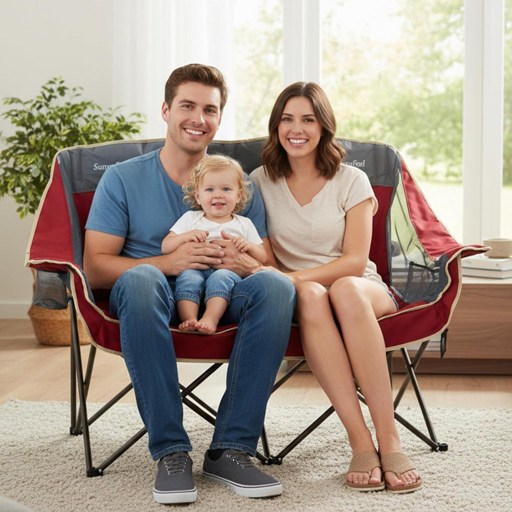 SUNNYFEEL Double Camping Chairs - Heavy Duty Padded Loveseat for 2 | 600lbs Capacity, Portable Red Outdoor Couch