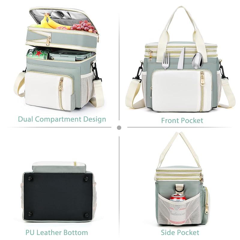 Expandable 16L Insulated Lunch Bag for Women - Double Deck Leakproof Cooler Tote (Olive Green)