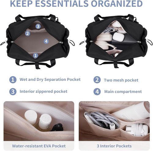 ECOHUB Mini Gym Bag for Women - Stylish Duffle with Wet Compartment | Black Tote for Yoga & Travel