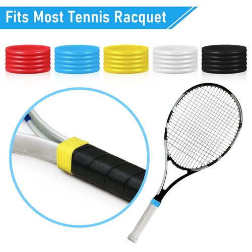 Leitee 20 Pcs Tennis Racket Silicone Ring Tennis Racket Grip Bands Rubber Ring Anti Slip Tennis Absorbent Cover Hold Overgrip in Place for Squash Racquetball Badminton Baseball Racket, 5 Colors