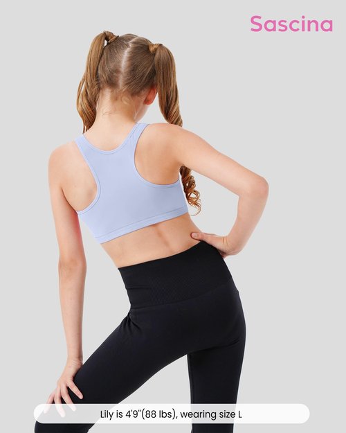 Sascina Girls Training Bras Racerback Sports Bras 8-10 Preteen Seamless Bralettes - No Pads, Chest Double Lined, Black/Rose Pink/Grey/Candy Blue Medium