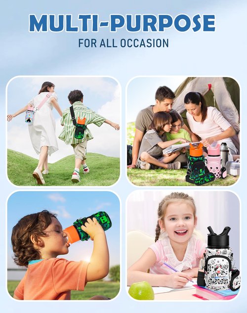 Miss Adola Water Bottle Carrier with Strap - Cute Cartoon Insulated Kids Water Bottle Holder for Boys Girls Green World Neoprene Bottle Bag for 10/12/14/16/18Oz Stainless Glass Bottles Sleeve