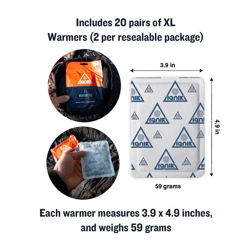 Ignik 24-Hour Compostable XL Body and Sleeping Bag Warmers with Resealable AirBarrier Pouch, 20 Pairs