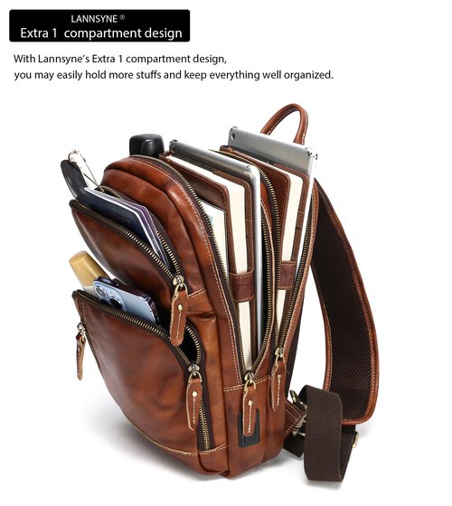 LANNSYNE Vintage Genuine Leather Sling Bag For Men, Crossbody Chest Daypack fits 10.5" iPad