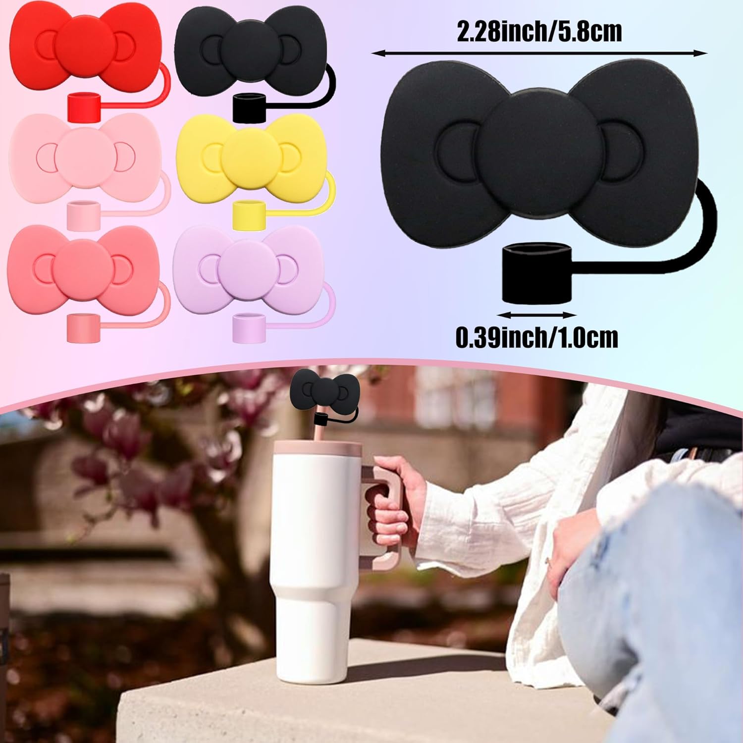 Skiennix Cute Bow Silicone Straw Toppers - 6 Bow-Shaped Covers for Stanley Cups 30 & 40 Oz Tumbler