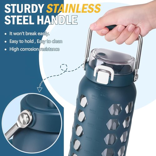 MUKOKO 64oz Glass Water Bottle - Half Gallon with Straw, Time Marker & Silicone Sleeve - Blue