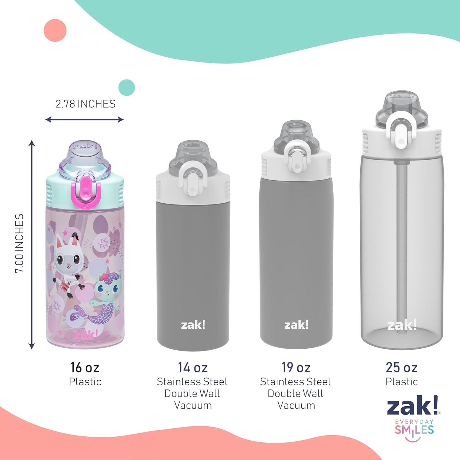 Zak Designs 16oz DreamWorks Gabby's Dollhouse Kids Water Bottle - Durable, Leak-Proof, 2-Pack Set
