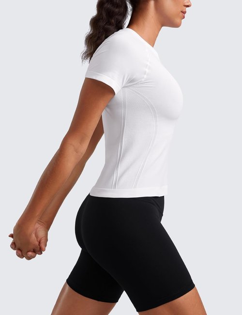 CRZ YOGA Seamless Workout Tops for Women - Breathable Short Sleeve Gym & Yoga Shirts, Waist Length