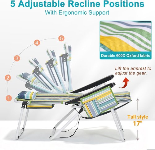 ABORON 17" Tall Folding Beach Chair - Heavy Duty 600D Oxford Fabric, 5-Position Recline & Cooler Bag