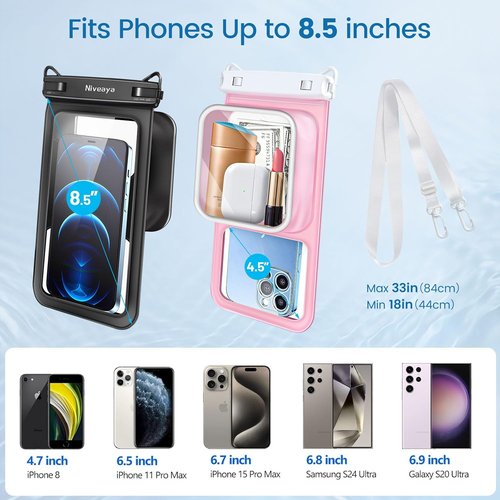 Niveaya Waterproof Phone Pouch - Floatable 2-Pack with Adjustable Neck Lanyard | Fits Up to 8.5" Devices