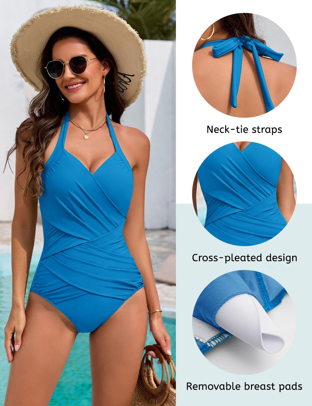 UMIPUBO Women's Tummy Control Blue Full Coverage One Piece Swimsuit V-Neck Halter Bathing Suit (Blue,Medium)