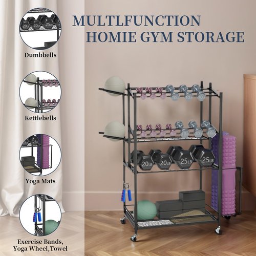 3-Tier Rolling Dumbbell Rack with Yoga Mat Basket & Hooks – Heavy Duty Steel Home Gym Storage Cart for Weights, Kettlebells, and Foam Rollers – 350Lbs Capacity Mobile Organizer with Lockable Wheels (Black)