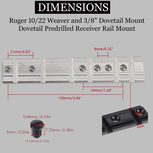 GOTICAL 10/22 Weaver and 3/8" Dovetail Mount Dovetail Predrilled Receiver Rail Mount Adapter (Silver)