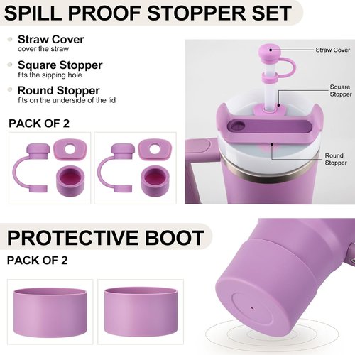 HYZ 8 Piece Accessories for Stanley Cup, Silicone Spill Proof Stopper Set and Protective Boot Including Straw Cover Cap for Stanley H2.0 20oz 30oz 40oz Tumbler, Lilac