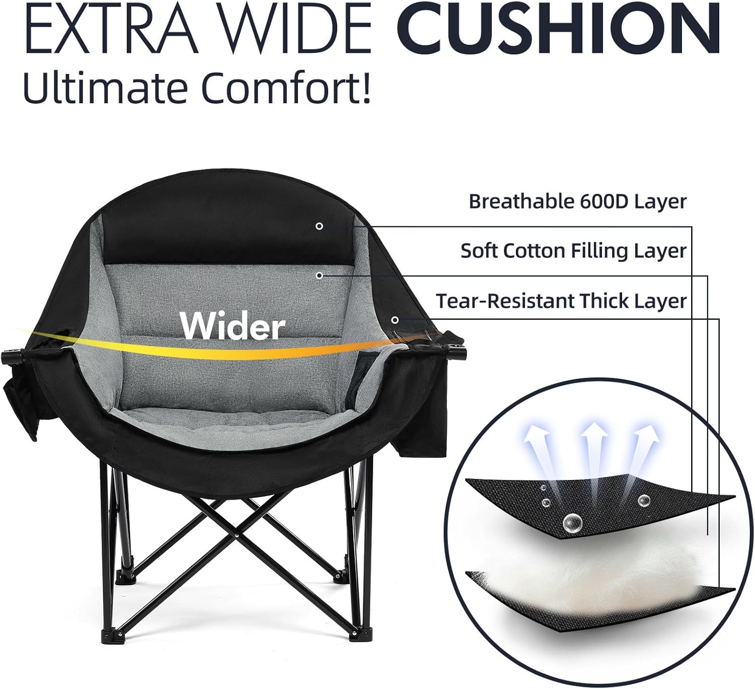 Skiennix Oversized Camping Chair - Heavy Duty Padded Folding Lawn Chair with Cup Holder, Supports 500lbs, Black