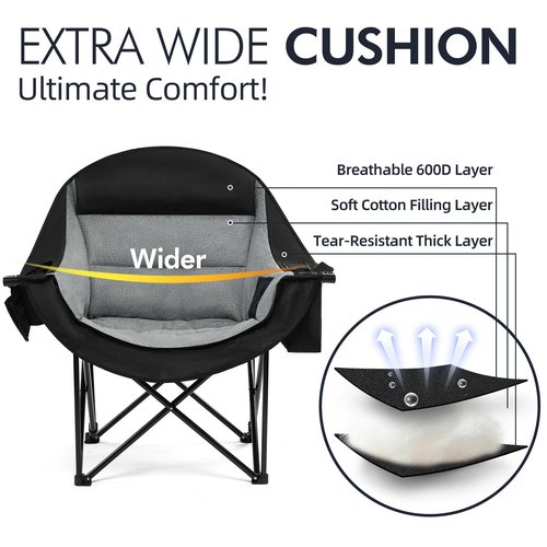 Oversized Camping Chairs for Adults - Heavy Duty Padded Outdoor Folding Lawn XL Camp Chair with Cup Holder Cooler Pockets for Outside Sports Beach Fishing Garden Portable Supports 500lbs, Black
