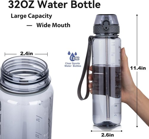 GOPPUS 32oz Clear Water Bottle - BPA-Free Tritan with Straw | Leakproof & Motivational for Gym, Hiking, Office