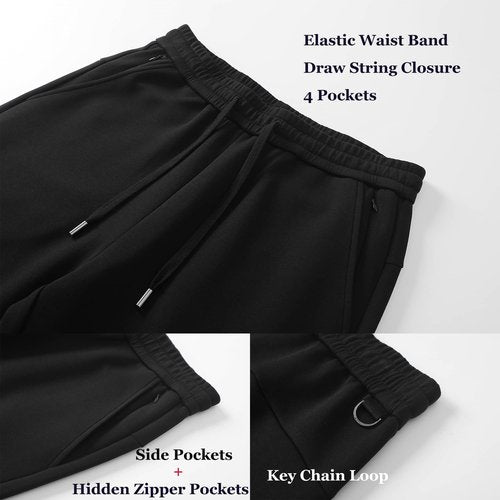 AbleTree Men's Heavyweight Sweatpants 28-29" Inseam Short Length, Cotton Stretch Casual Lounge Pants for Fall Winter, Straight Fit with Zip Pockets Black