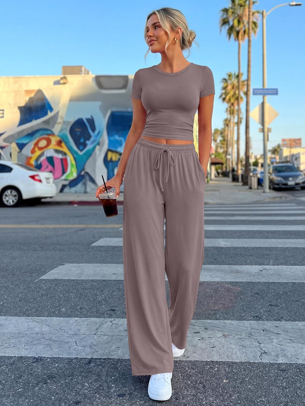 Trendy Queen 2-Piece Summer Lounge Set - Women's Side Ruching Top & Wide Leg Pants with Pockets