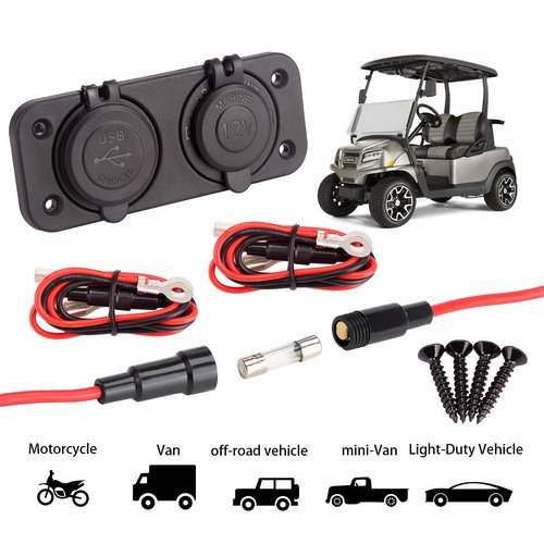 10L0L Golf Cart Cigarette Lighter Outlet & Quick Charge 3.0 DC 12V Input Waterproof USB Charger Power Socket Adapter Dual USB Ports Panel Universal for EZGO Club Car Yamaha Golf Cart Models