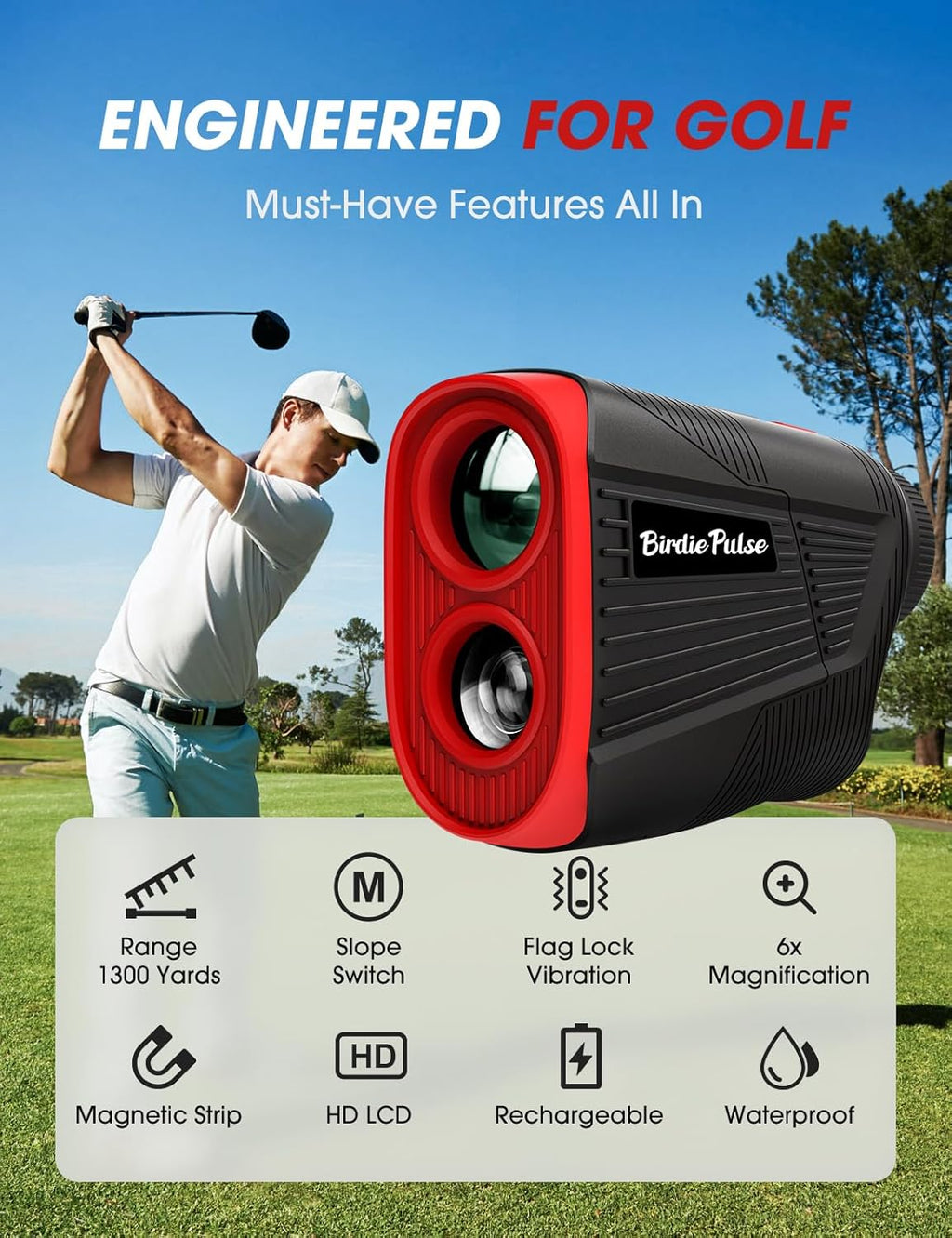 Skiennix Golf Rangefinder - 1300 Yards with Slope, Flag Locking Vibration & HD LCD - Rechargeable, Black