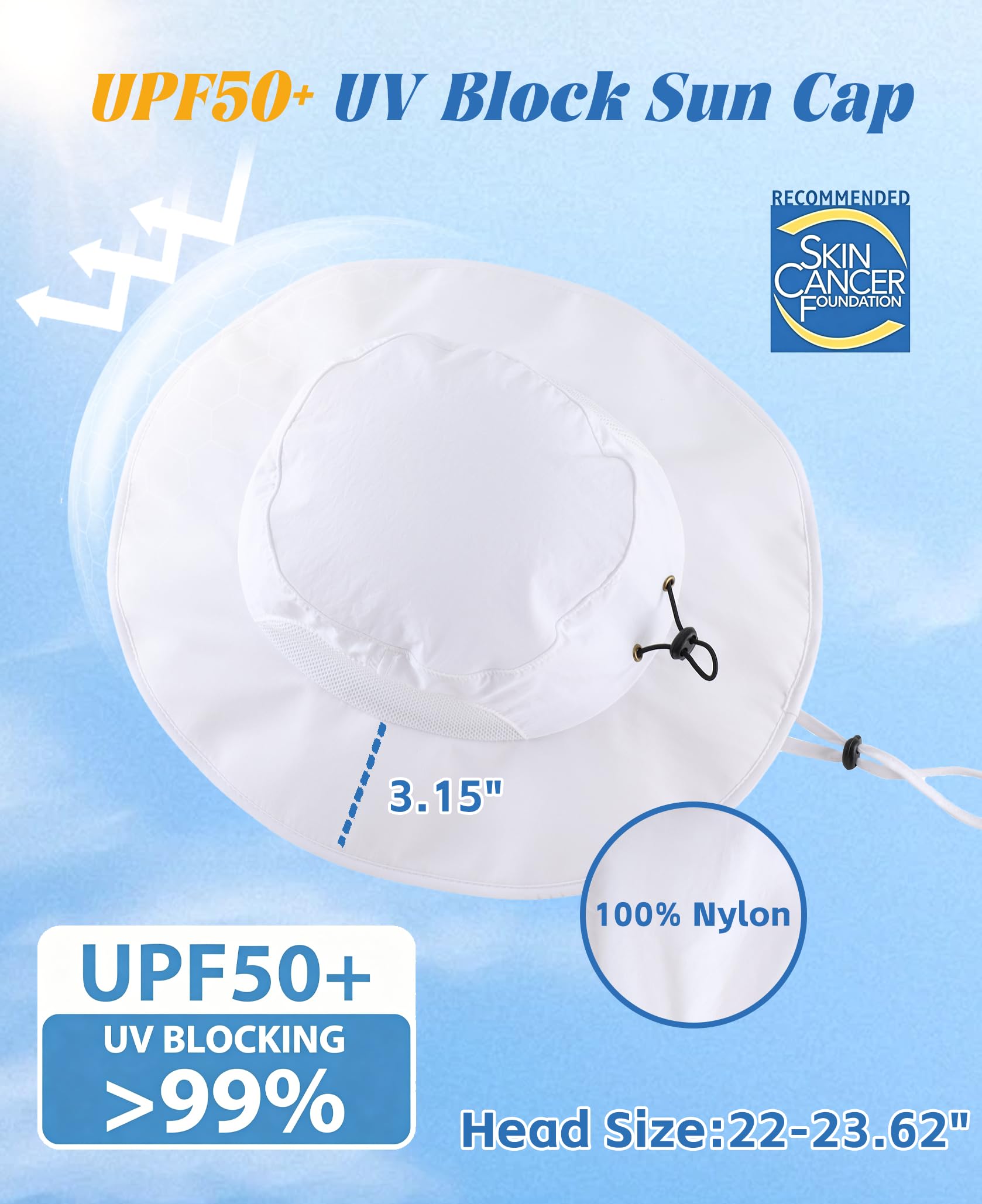 Home Prefer UPF50+ Mens Sun Hat Wide Brim Fishing Hat Airy Mesh UV Protection Portable Bucket Sun Hat White