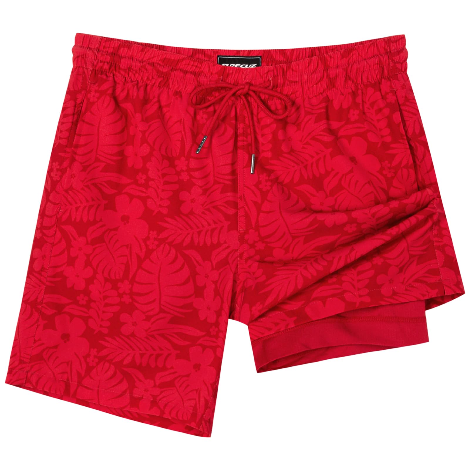 SURF CUZ Mens Swim Trunks with Compression Liner Quick Dry Swim Shorts 7" Swimming Trunks Stretch Zipper Pockets,Red Leaves,L