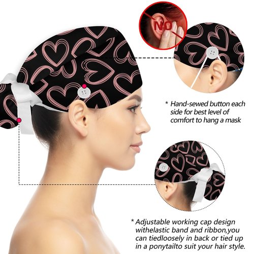 Working Cap Scrub Caps for Women, Adjustable Long Hair Nurse Head Cap, Surgical Bonnet with Sweatband & Buttons