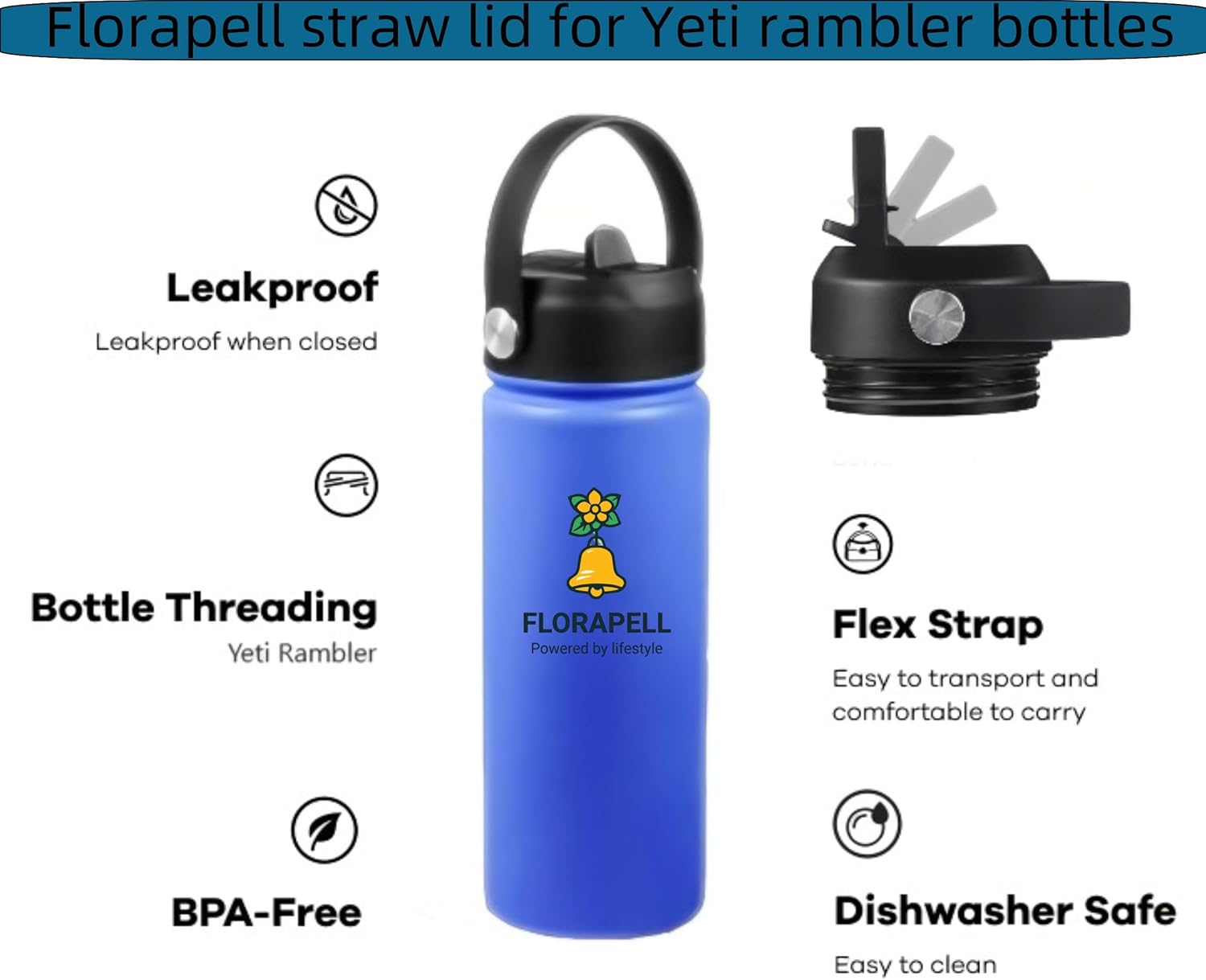 Yeti Rambler Straw Lid - Replacement Cap with Flexible Handle for 18/26/36/64 oz Water Bottles