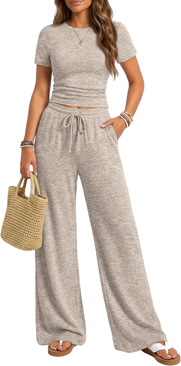 Trendy Queen Women's 2-Piece Lounge Set - Wide Leg Pants & Crew Neck Short Sleeve Top